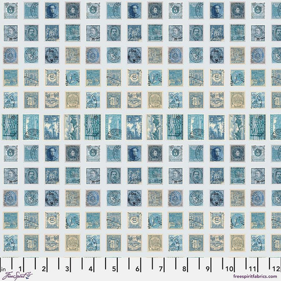 Blue Stamps – Tim Holtz Palette Monthly Collection | Free Spirit Fabric | Quilting Cotton by the Yard | Vintage Art Fabric in Blue
