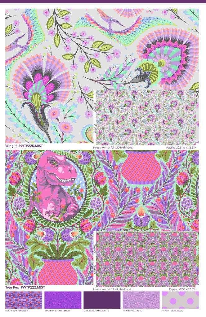 Tula Pink ROAR! || Wing It - Mist || ROAR! || Quilting Cotton || Pterodactyl