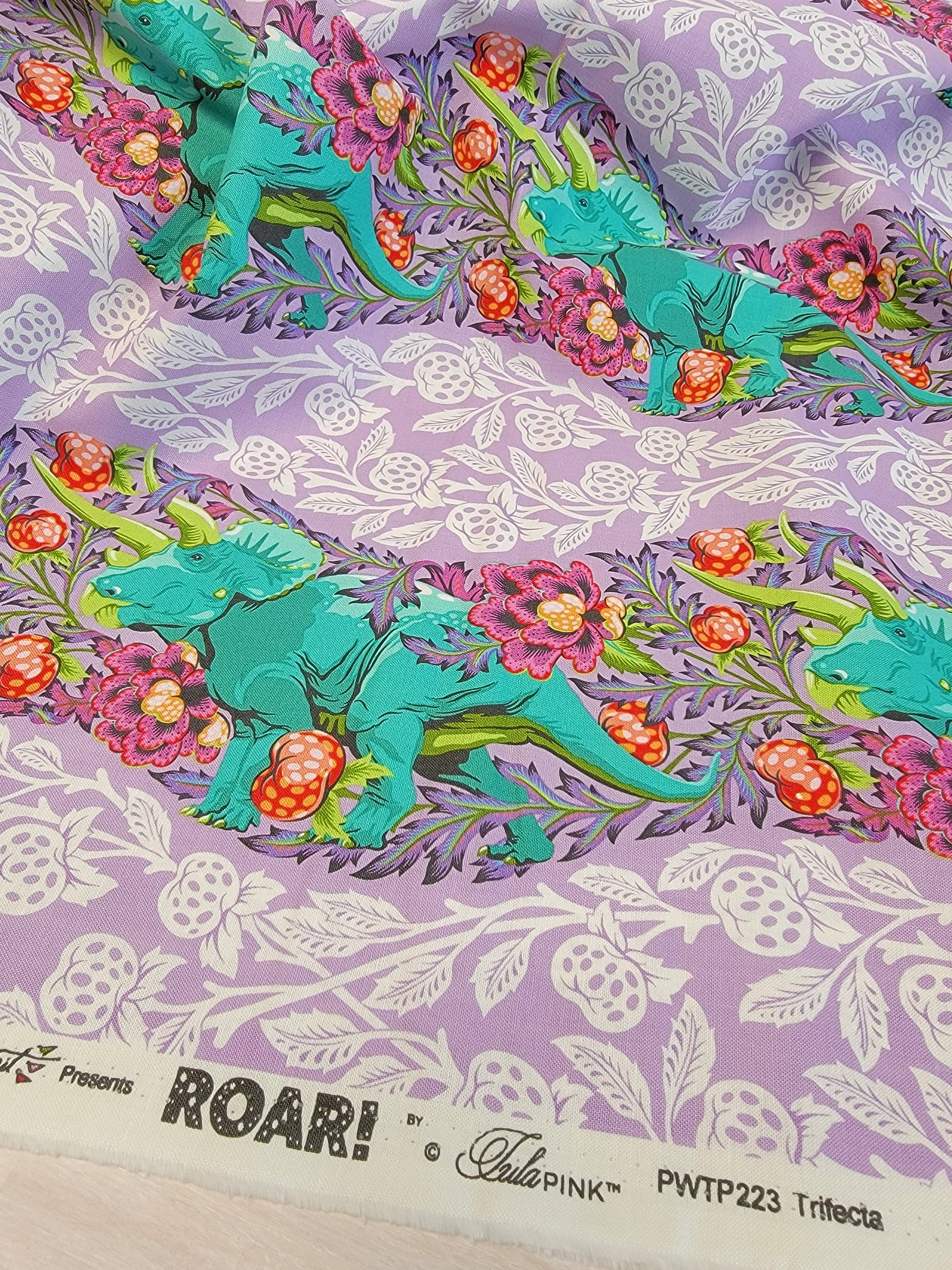 Tula Pink ROAR! || Trifecta - Mist || Quilting Cotton || Triceratops