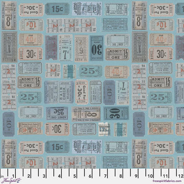 Blue Tickets – Tim Holtz Palette Monthly Collection | Free Spirit Fabric | Quilting Cotton by the Yard | Vintage Art Fabric in Blue