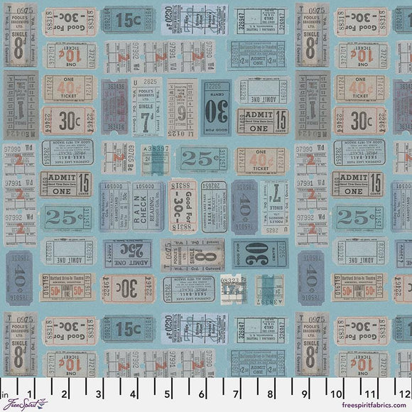 Blue Tickets – Tim Holtz Palette Monthly Collection | Free Spirit Fabric | Quilting Cotton by the Yard | Vintage Art Fabric in Blue