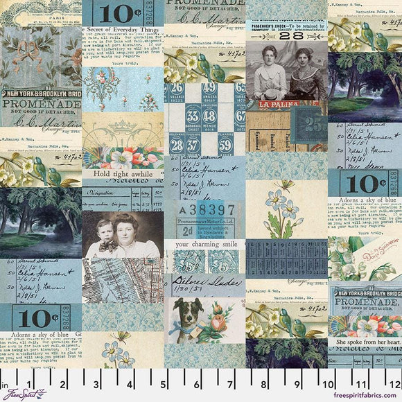 Blue Collage – Tim Holtz Palette Monthly Collection | Free Spirit Fabric | Quilting Cotton by the Yard | Vintage Art Fabric in Blue