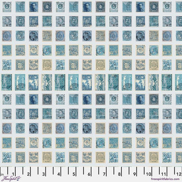 Blue Stamps – Tim Holtz Palette Monthly Collection | Free Spirit Fabric | Quilting Cotton by the Yard | Vintage Art Fabric in Blue