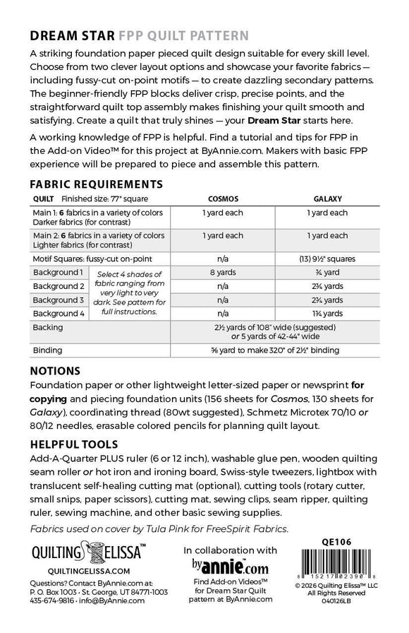 Dream Star Pattern Quilt FPP Pattern from ByAnnie and Quilting Elissa